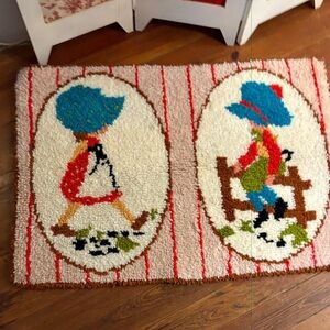 Vintage Sunbonnet Kids Hooked Rug Hand Made